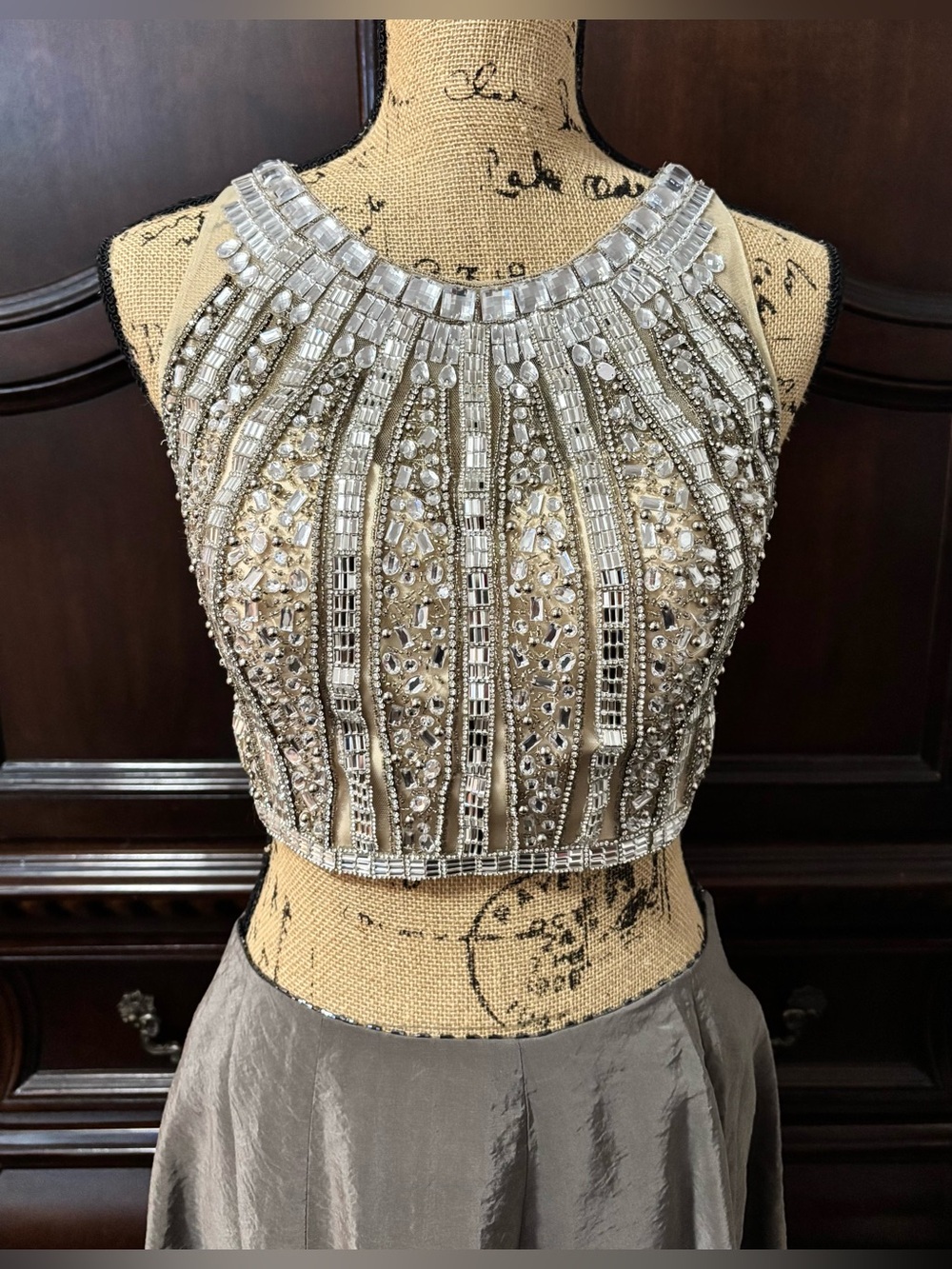 COLORS Dress Silver Beading / Crystal Embellishments On A Nude Mesh Overlay Top